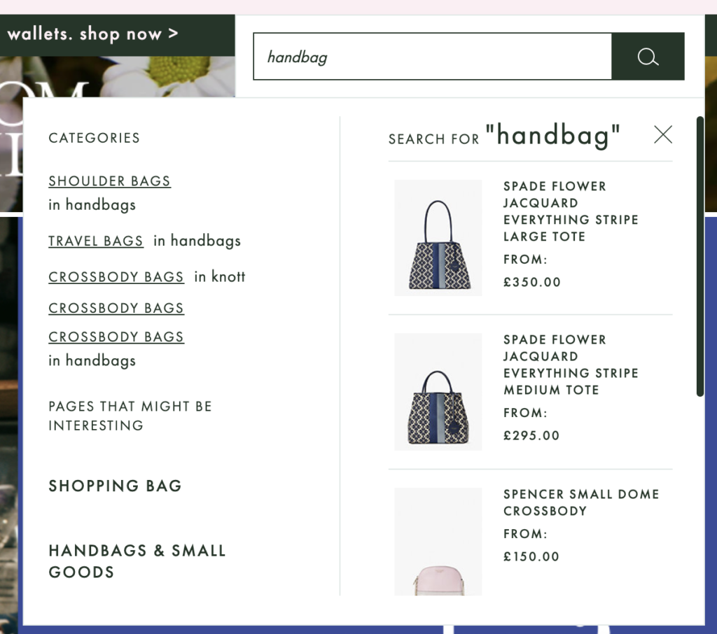 kate spade ecommerce site search show synonymous results