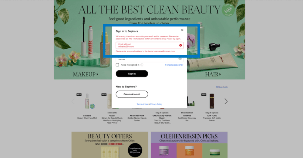 sephora error recovery text form design examples