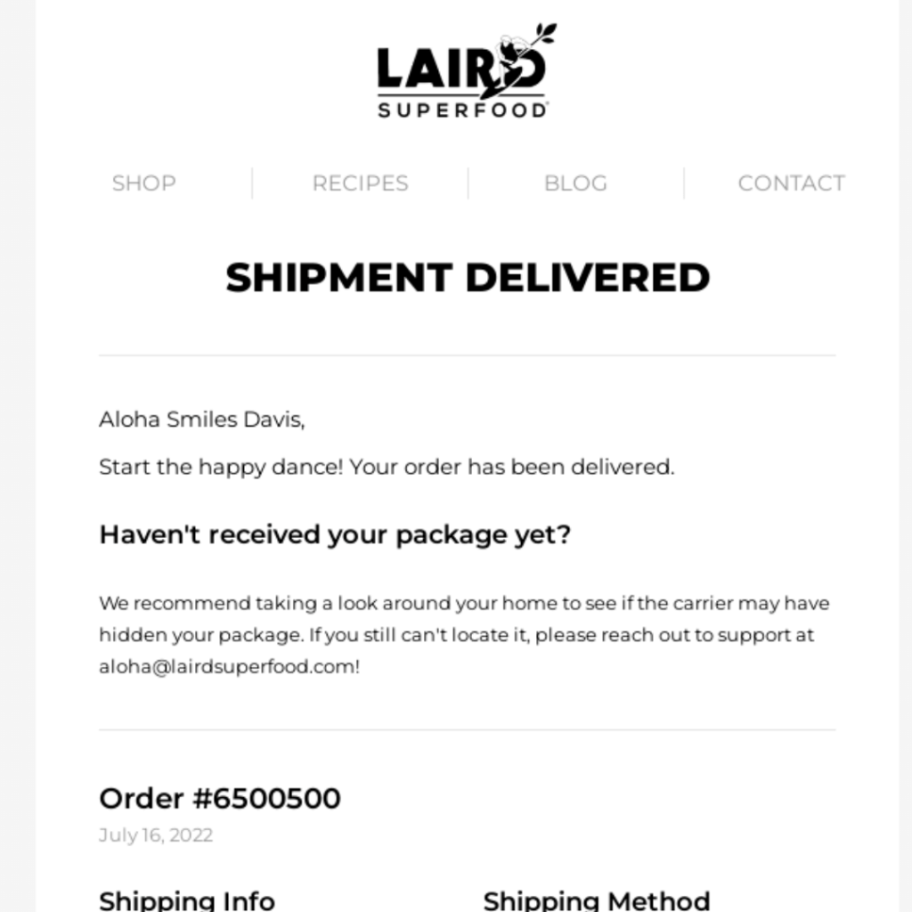 Laird Superfoods post-purchase email confirming shipment has been delivered