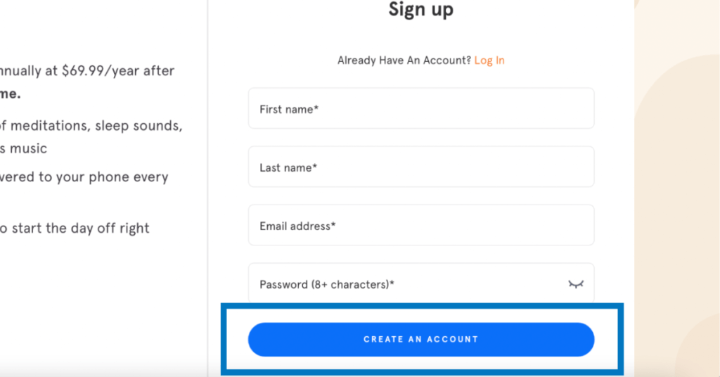 headspace sign up button