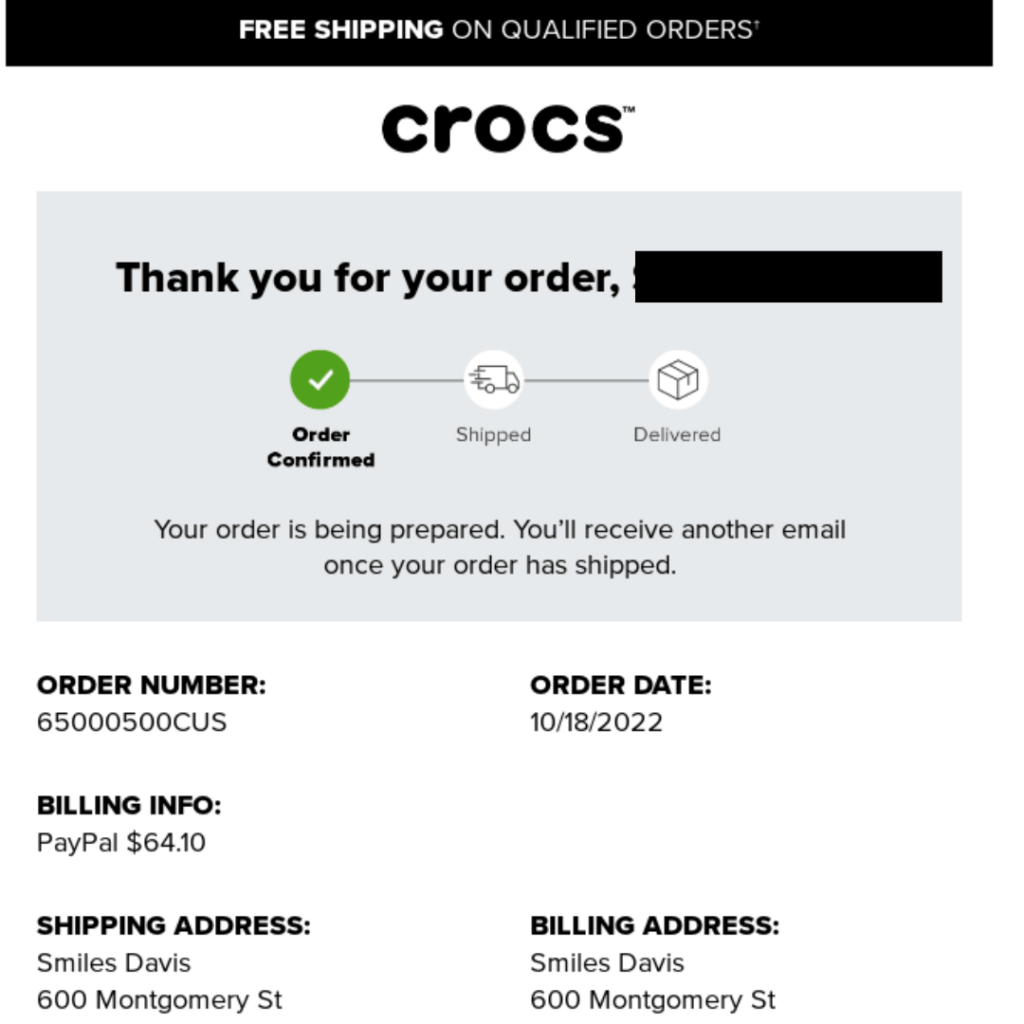 crocs post-purchase confirmation email