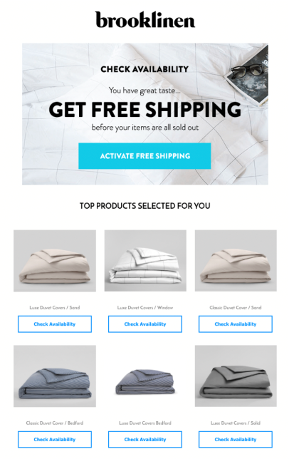 Brooklinen's winback email campaign with personalized product recommendations 