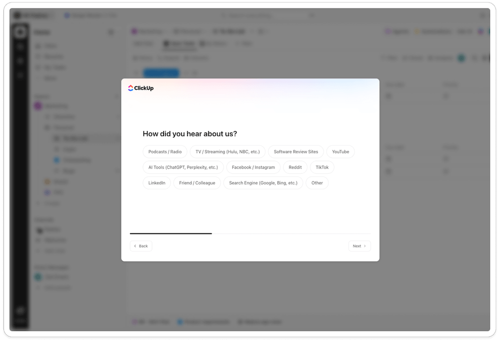An example of a screen from ClickUp that is shown before they personalize user onboarding.