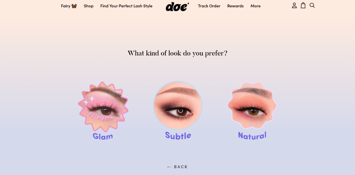 Screenshot of Doe Lashes' quiz question for which eye look quiz takers may prefer.