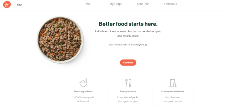 Screenshot of Farmersdog's landing page for their product recommendation quiz.