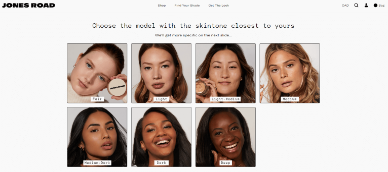 Screenshot of Jones Road's photo examples of different skintones in their "Find My Shade" product recommendation quiz.