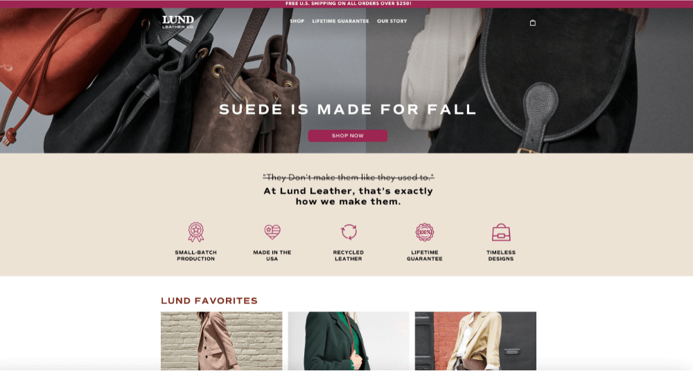 A screenshot of the home page for lund website showing some of their products and taglines