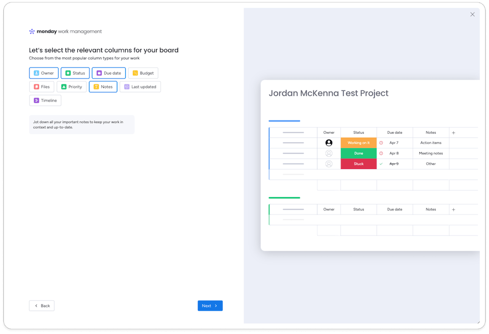 Screenshot showing how to personalize user onboarding with a live preview like Monday.