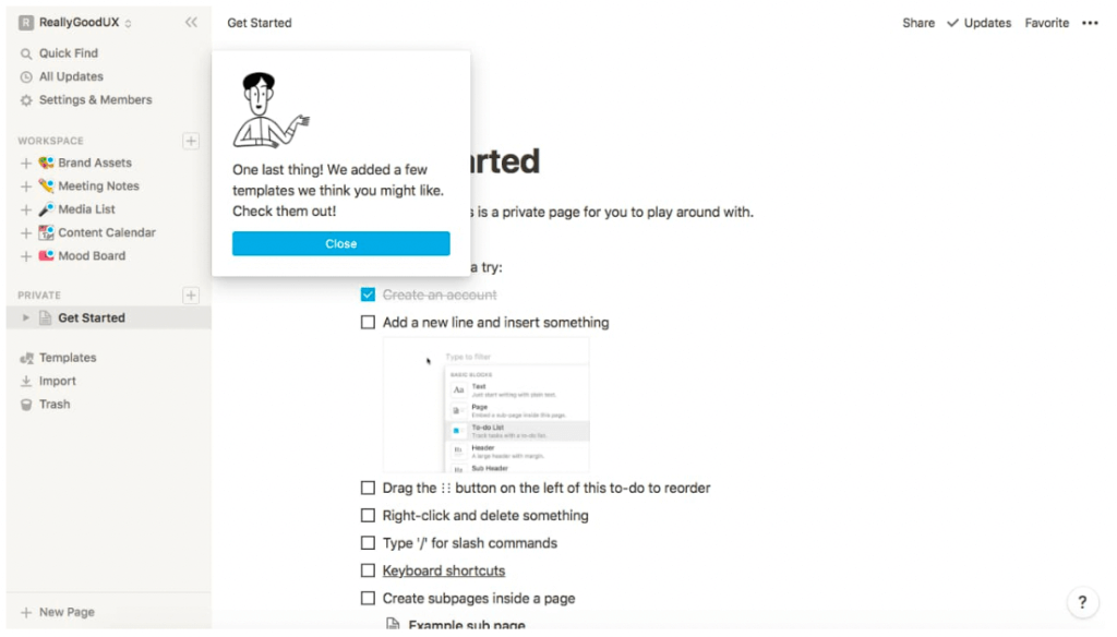 Notion personalizing the based on chosen product features and interactive to-dos for best onboarding experiences