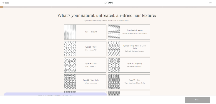 Screenshot of Prose's product recommendation questions for hair texture