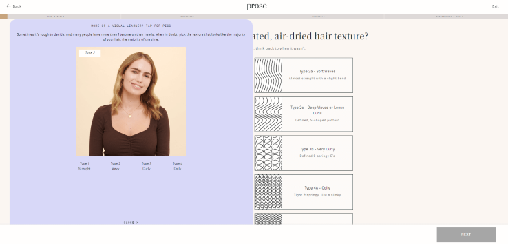 Example screenshot of Prose's "more information" tab in their hair texture product recommendation quiz.