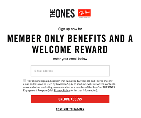 Rayban member only benefits pop up