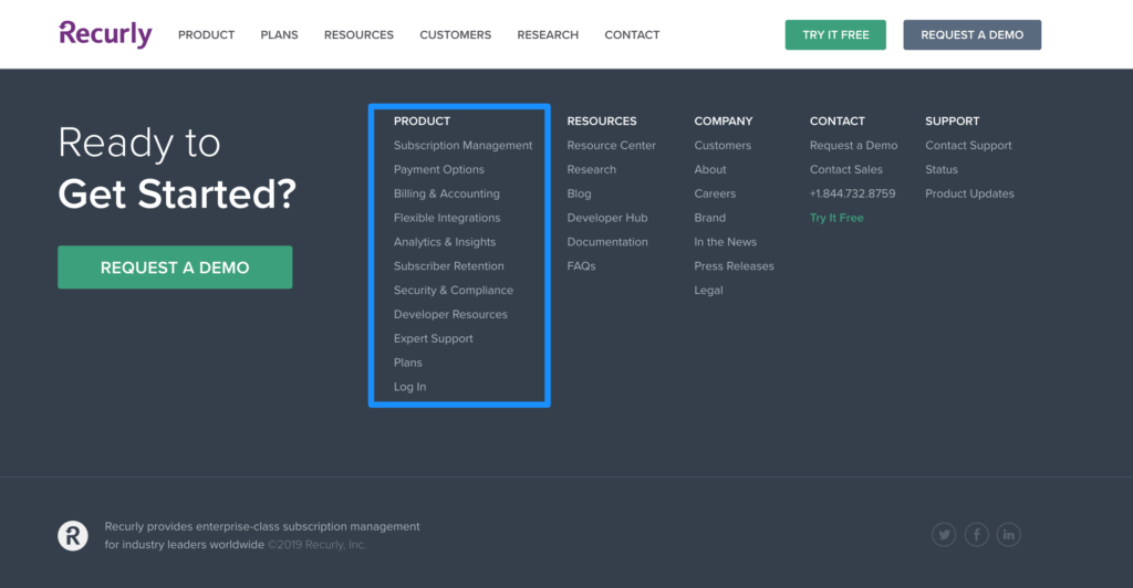 Recurly website footer offers site navigation