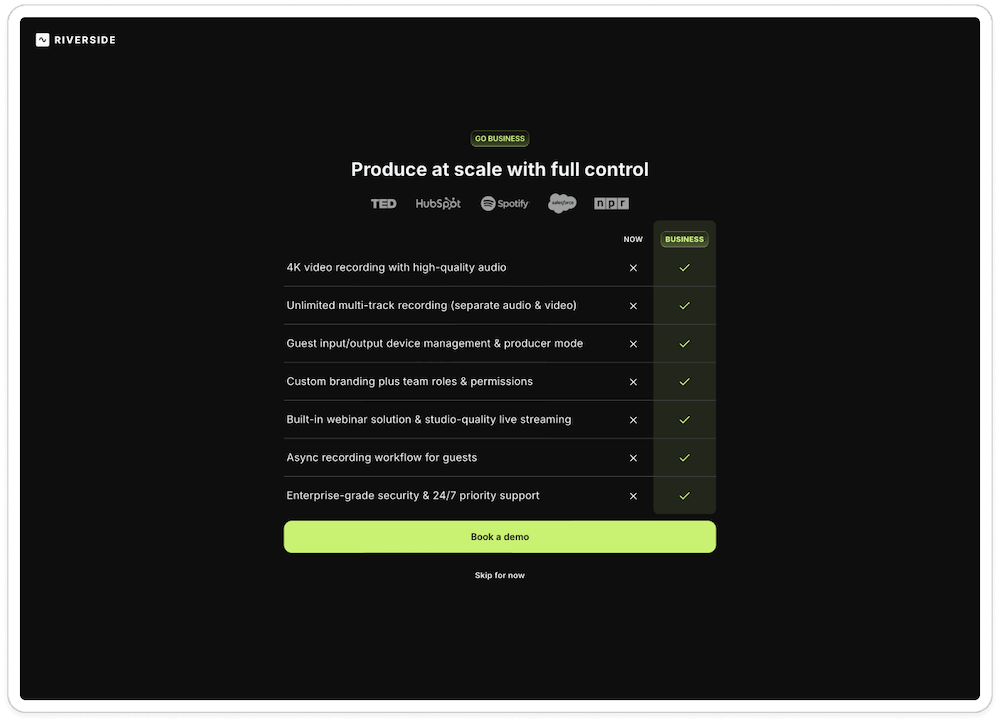 Riverside's use of a sales screen when attempting to personalize user onboarding creates friction.
