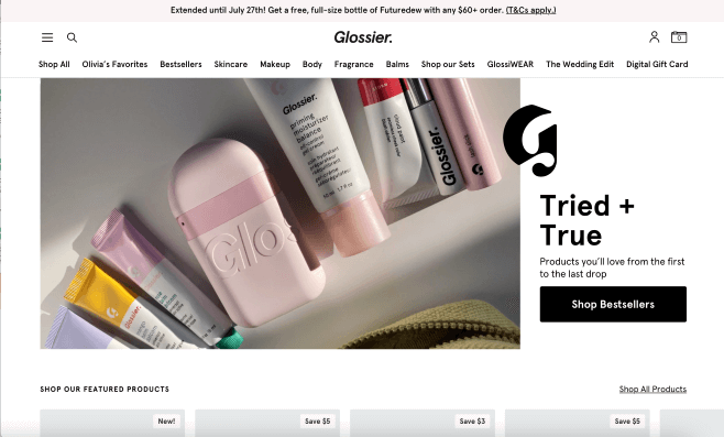 Screenshot of Glossier's featured best-sellers on their home page.