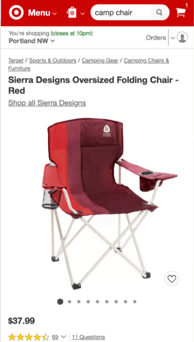 Screenshot of Target's red camp chair to demonstrate google shopping traffic.