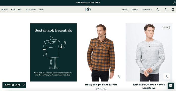 Screenshot example of Ten Trees' sustainable essential shirts on their website.