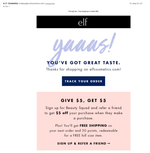 Elf's customer follow up email example