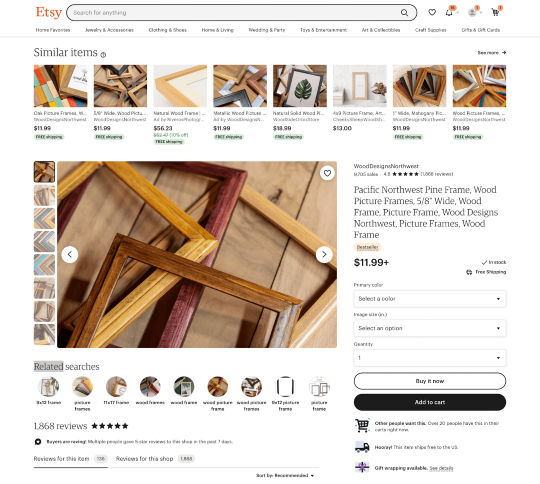 Screenshot of Etsy's wooden 
picture frame and suggested similar items tab to optimize google shopping traffic