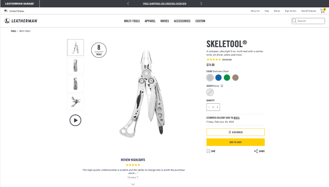 Screenshot example of Leatherman's Skeletool and review section on their website.