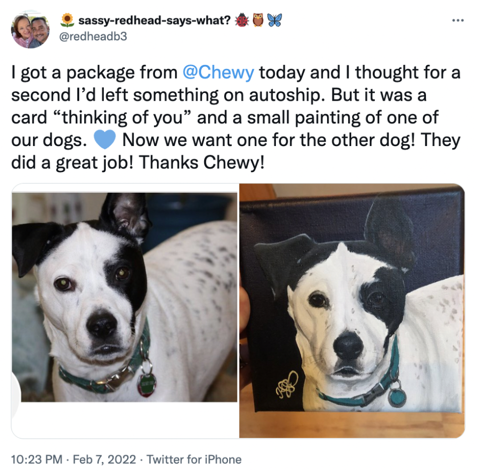 Twitter post showing Chewy's personalized card to maintain customer connections.