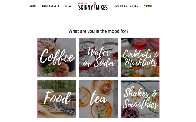 Screenshot of Skinny Mixes' product recommendation quiz for drink preferences.