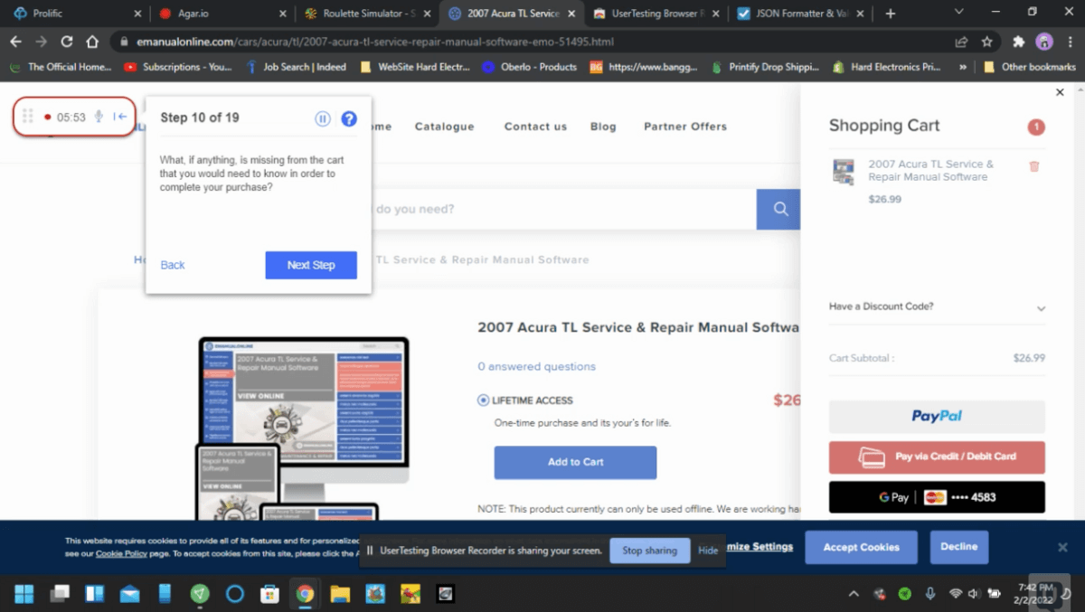 image showing user testing for eManualOnline checkout process 