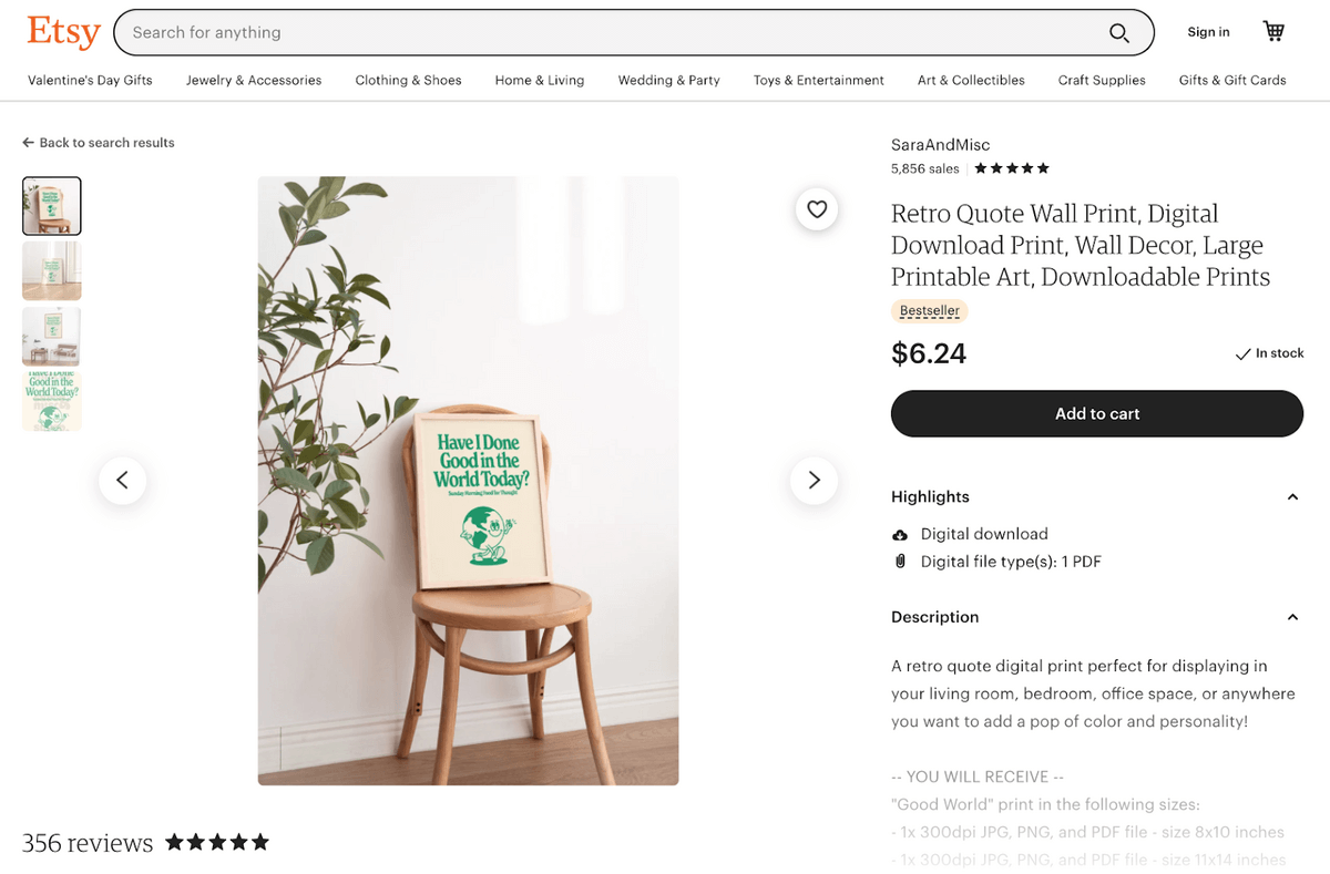 Etsy product detail page that served as inspiration