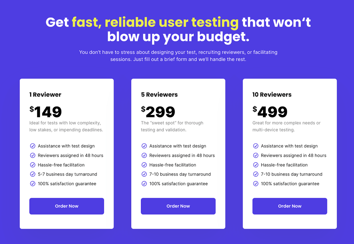 pricing page for UserInput showing  the different offers tailored to the needs of customers