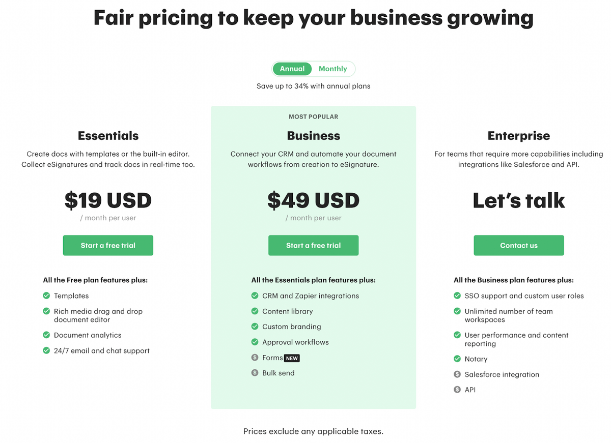 saas pricing page for pandadoc showing comparisons of each option