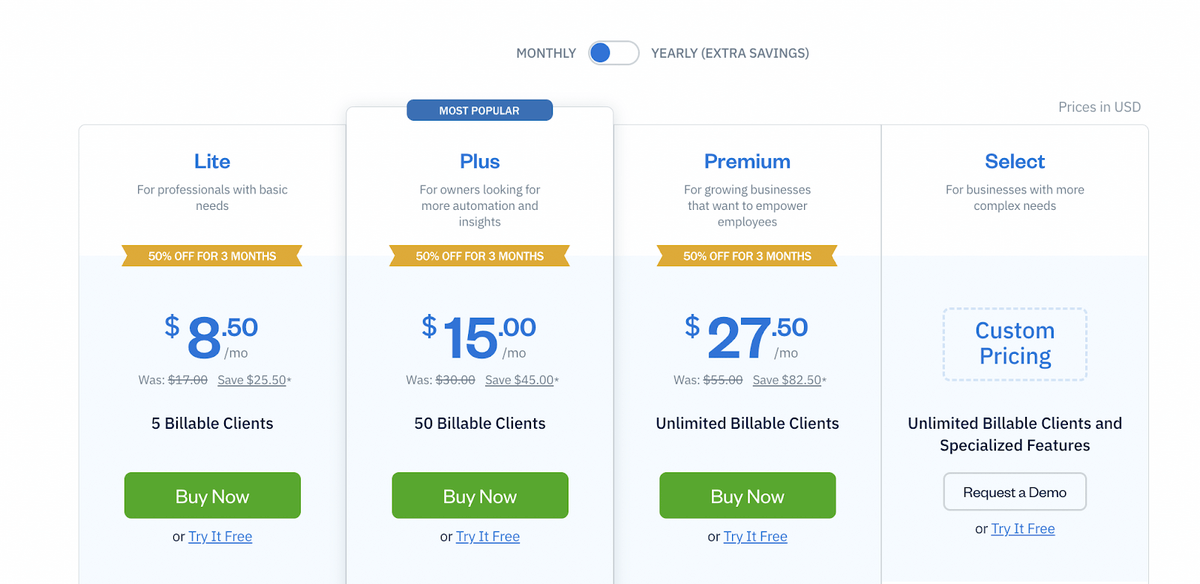 pricing page for FreshBooks which shows three options plus a section for customers to create their own custom plan