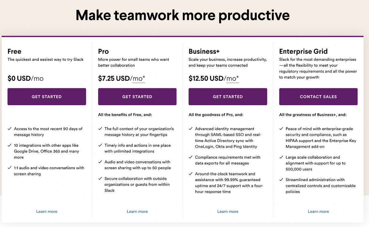 Slack's detailed page showcasing the benefits of each plan