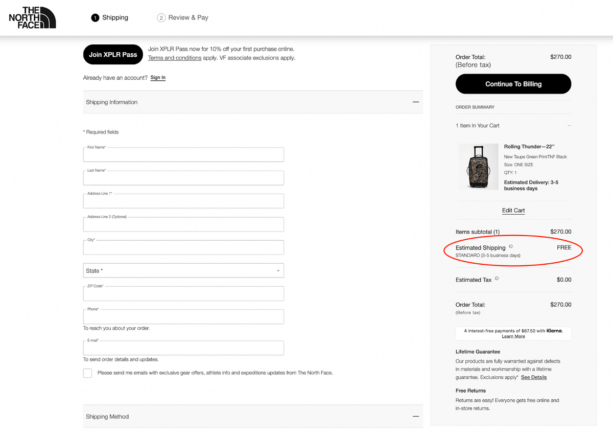 The North Face checkout page shows an estimated shipping and delivery dates for the product under the subtotal of the item