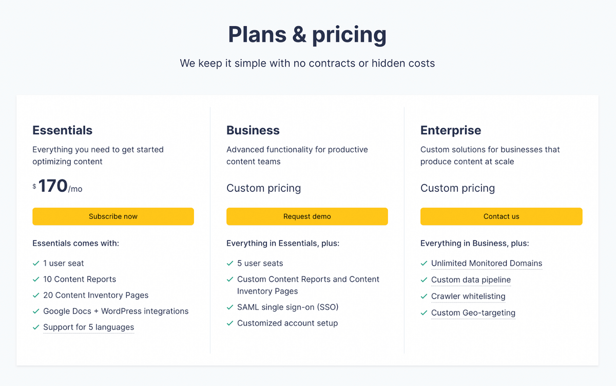 saas pricing page for clearscope