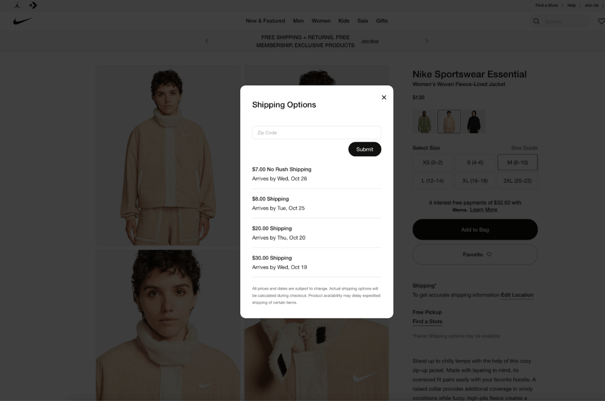 Multiple shipping options on the Nike page allow customers to choose the delivery dates they want and the corresponding fee for shipping 