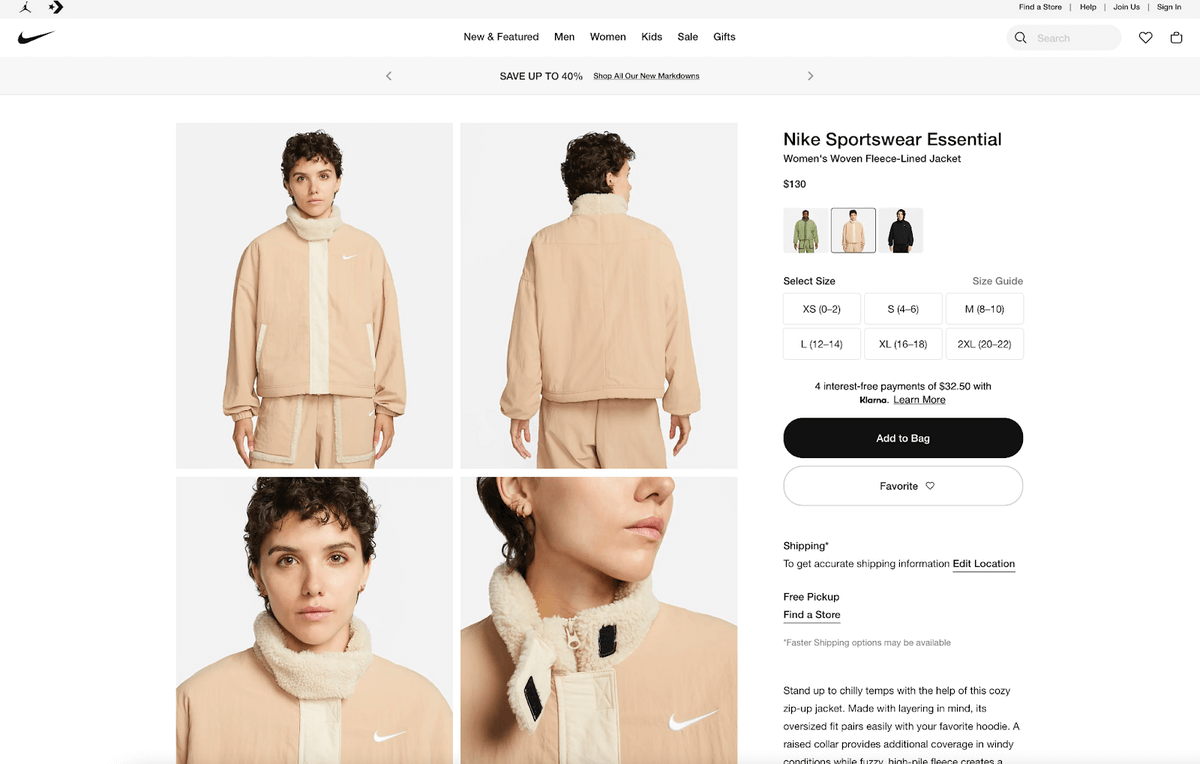 Nike product page also allows customers to edit the location of where the item will be shipped