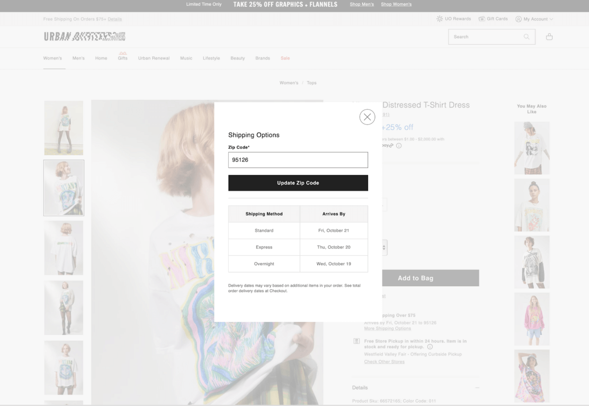 Different shipping methods and corresponding delivery dates can be seen on the Urban Outiftters page 