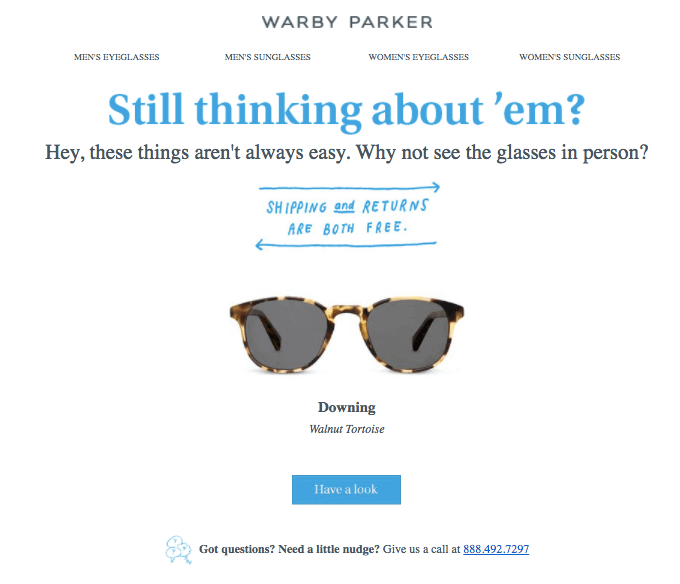 Warby parker abandoned cart email