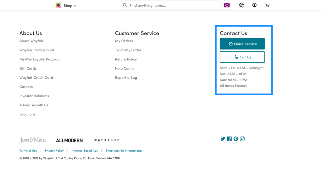 Wayfair contact us feature included in website footer