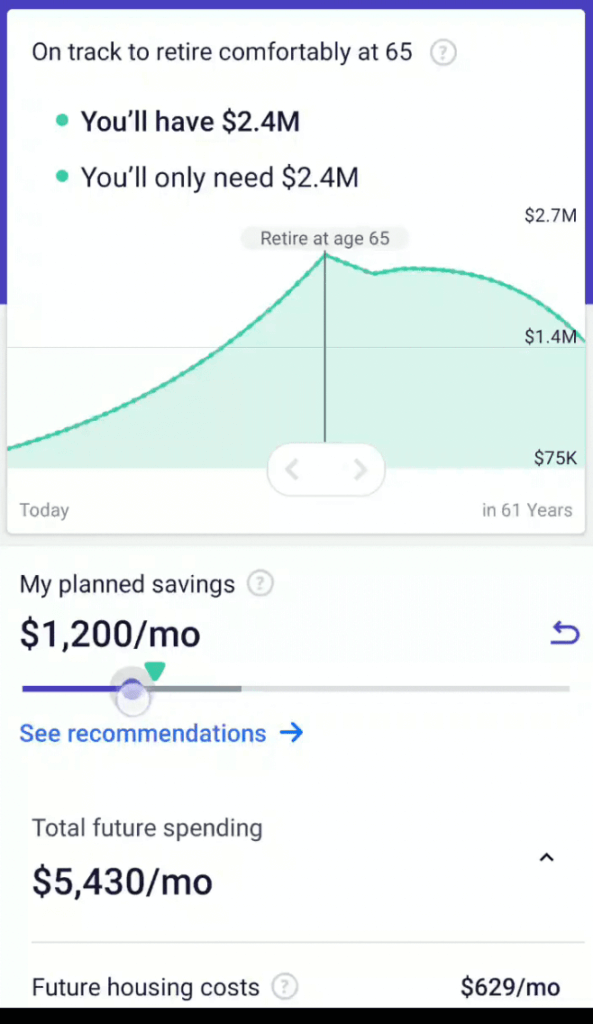 Wealthfront making use of visual aids (such as graphs) to help users keep track of progress