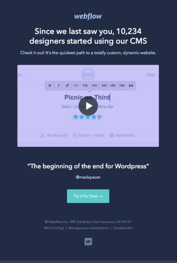 Webflow winback email