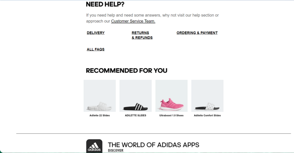 adidas recommended items section in shipping confirmation email