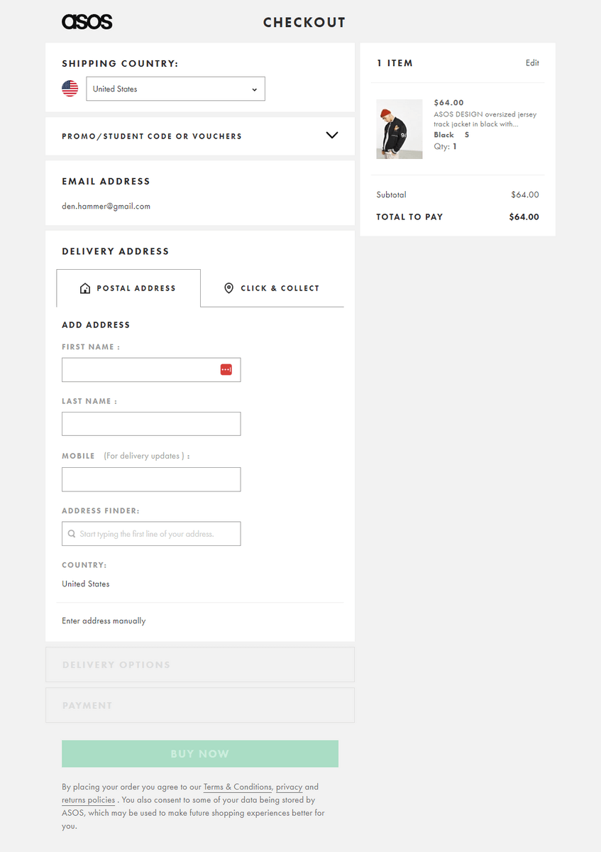 Asos checkout page design is a three-step process, with each page only being accessible once the customer has filled out the other two pages