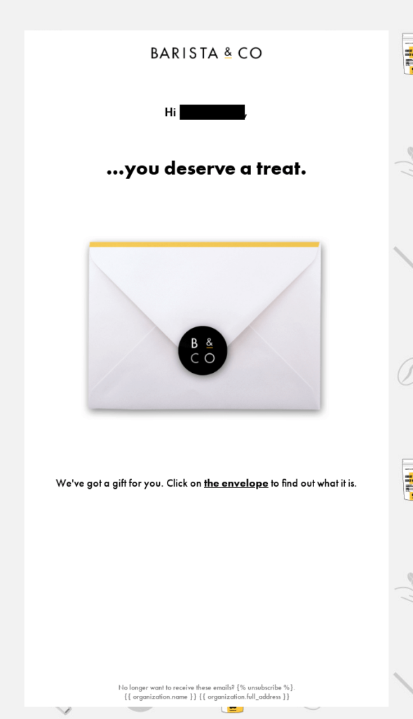 Barista and Co email with a surprise gift for loyal customer