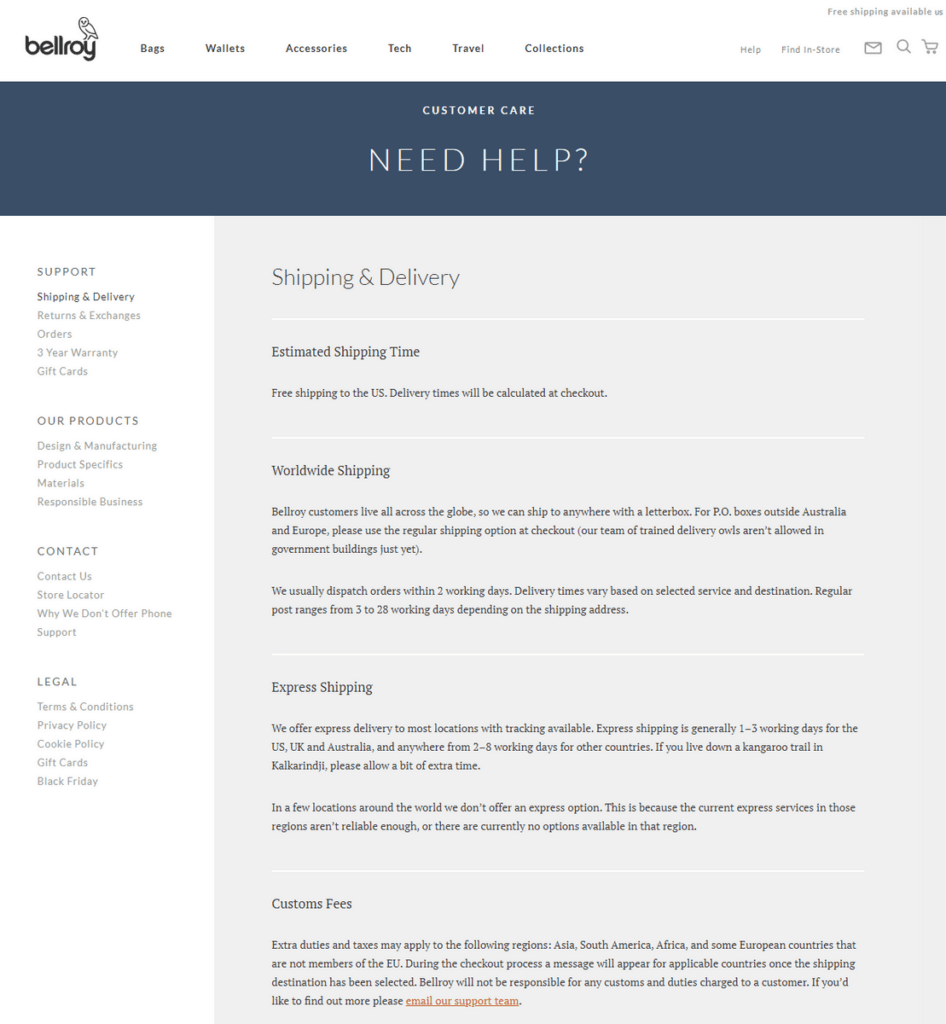 Bellroy information page making use of scale and visual hierarchy in the visual design by using big and small fonts