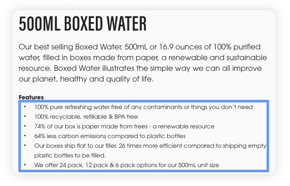 product features of Boxed Water