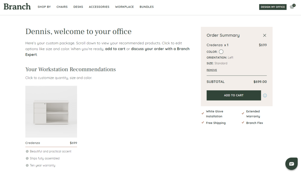 Branch checkout page showing recommendations and customizations of the product for the user