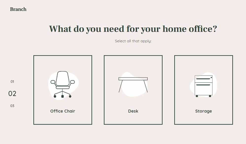 A sample question about office furniture as part of Branch's ecommerce personalization test