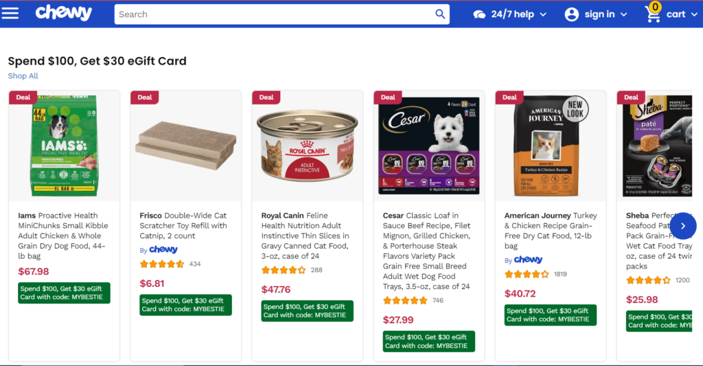 Chewy highlighted products section that are part of the 'Spend $100, get $30 egift card' deal to increase average order value