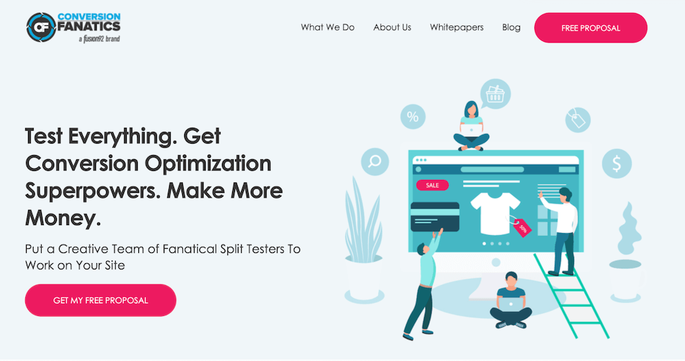 An example of the website for Conversion Fanatics, featured in The Best CRO Agencies for Growing SaaS Companies and DTC Brands.